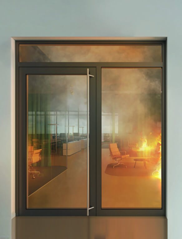 Aluminium fire door system with a fire burning behind the glass